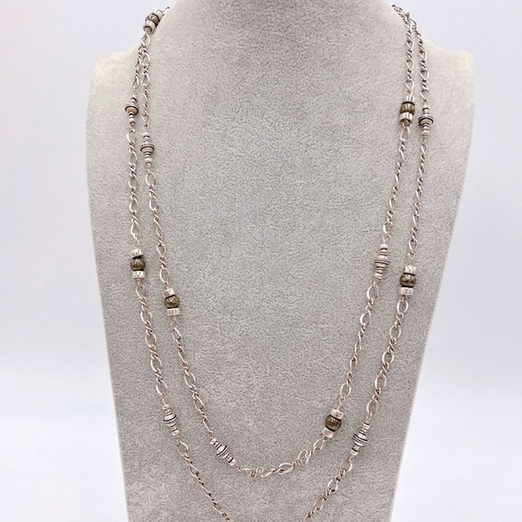 STERLING AND PYRITE LONG SAUTOIR NECKLACE - Picture 1 of 10